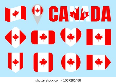 Canada flag collection. Canadian flags set. Vector flat isolated icons with state name. Traditional colors. Web, sports pages, national, travel, geographic, patriotic, cartographic design elements