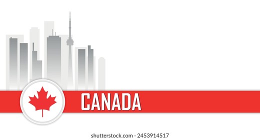 Canada flag color combination banner, red and white  background, copy space for text, mepal leaf, city view backdrop, suitable for victoria day and other patriotic celebrations  and events