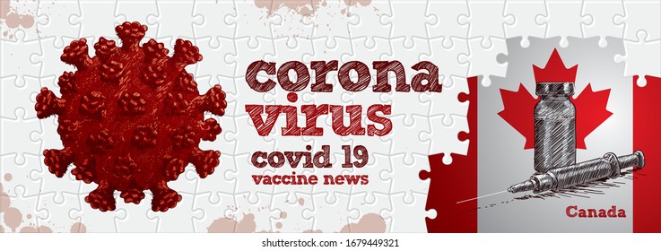 Canada flag, corona virus and vaccine. Puzzle concept hand drawing