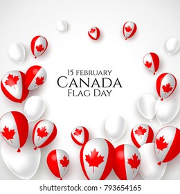 Canada flag day 15 february background with waving flag, balloon, confetti with national colors. Red, white, maple leaf. Template design layout for card, banner, poster, flyer, card.