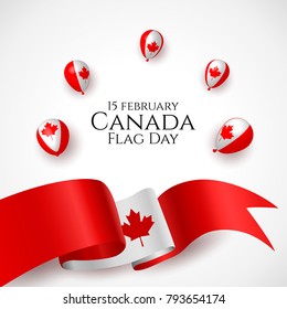 Canada flag day 15 february background with waving flag, balloon, confetti with national colors. Red, white, maple leaf. Template design layout for card, banner, poster, flyer, card.