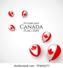 Canada flag day 15 february background with waving flag, balloon, confetti with national colors. Red, white, maple leaf. Template design layout for card, banner, poster, flyer, card.