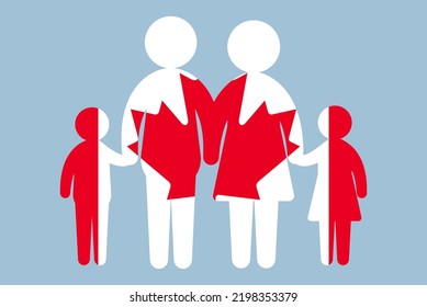 Bandera de Canadá con concepto familiar, elemento vector, padres e hijos tomados de la mano, idea de inmigrante, familia feliz con bandera de Canadá, activo de diseño plano