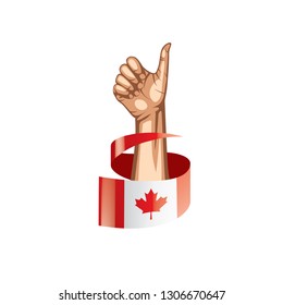 Canada flag and hand on white background. Vector illustration