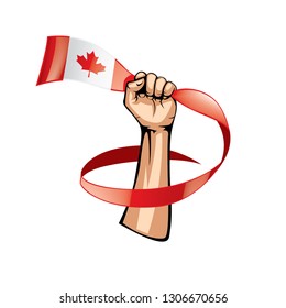 Canada flag and hand on white background. Vector illustration