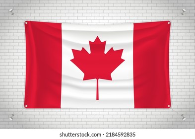 Canada flag hanging on brick wall. 3D drawing. Flag attached to the wall. Neatly drawing in groups on separate layers for easy editing.