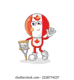 the canada flag head sick with limping stick. cartoon mascot vector