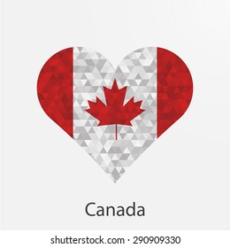 Canada flag heart in geometric,mosaic polygonal style.Love to country.Abstract tessellation,background. Vector illustration EPS10