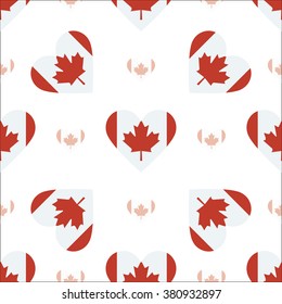 Canada flag heart seamless pattern. Patriotic Canada flag background. Country flag in the shape of heart. Vector seamless pattern.