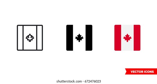 Canada flag icon of 3 types: color, black and white, outline. Isolated vector sign symbol.