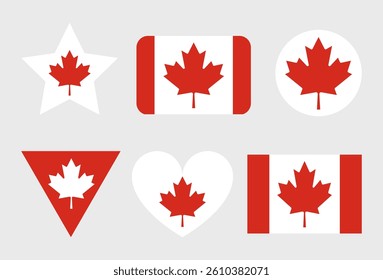 Canada Flag icon. Official vector Canadian flag icons set in the shape of heart, star and circle
