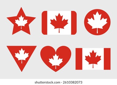 Canada Flag icon. Official vector Canadian flag icons set in the shape of heart, star and circle