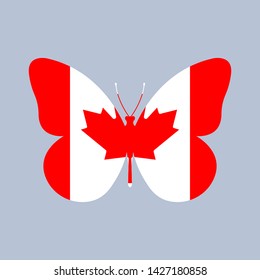 Canada flag icon in the shape of a Butterfly. Canadian national symbol with the Maple leaf. Vector illustration.
