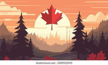 Ilustración de la bandera de Canadá con un hermoso paisaje, fondo de hojas de otoño rojas, Feliz Día de Canadá, Ilustración vectorial, Vista forestal