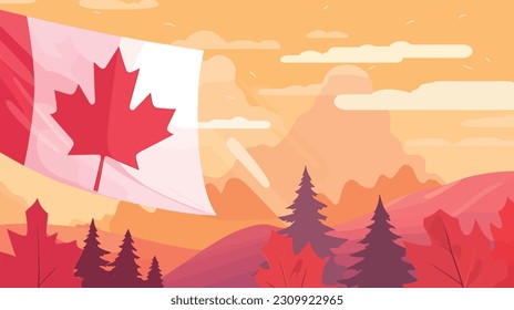 Canada Flag Illustration with beautiful scenery, Happy Canada Day, Vector Illustration, Forest View