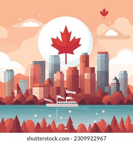 Bandera de Canadá Ilustración con hermosos rascacielos y edificios, fondo de hojas de otoño rojas, Feliz Día de Canadá, Ilustración vectorial, Vista forestal