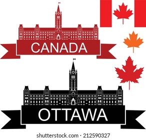 Canada flag. Isolated Canada buildings on white background