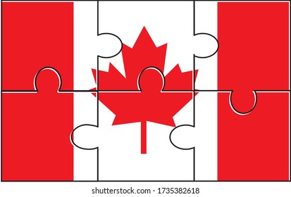 Canada Flag Jigsaw Puzzle. Vector illustration. 6 pieces of puzzles. Simple puzzles for kids.