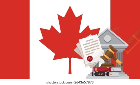 Bandeira do Canadá com conceito de juiz martelo, corrupção ou injustiça, indignação pública no Canadá, ideia de decisão internacional, lei ou resultado legal, julgamento de tribunal civil, faixa de notícias