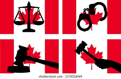 Canada flag with justice vector silhouette, judge gavel hammer and scales of justice and handcuff silhouette on country flag, Canada law concept, design asset, freedom idea