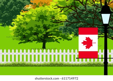 Canada Flag, Landscape of Park, Trees, Fence wooden and Street light Illustration 