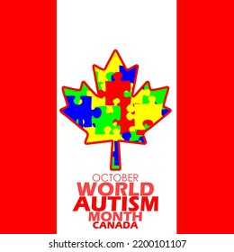 Canada Flag With Leaf Symbol Decoration In Colorful Puzzle With Bold Text, World Autism Month On October In Canada