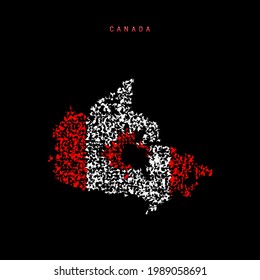 Mapa de bandera de Canadá, patrón de partículas caóticas en los colores de la bandera canadiense. Ilustración vectorial aislada en el fondo negro.