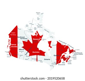 Canada Flag Map and cities. Cities and regions. Highly detailed vector illustration.
