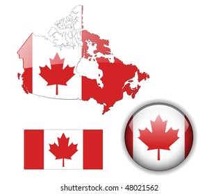 Canada flag, map and glossy button, vector illustration set.