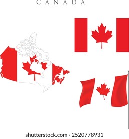 Canada flag and map . national flag of Canada. maple lea. Canada map inside of straight flag and wavy flag vector illustration 