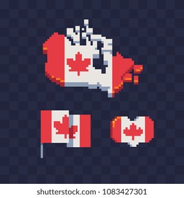 Canada flag and map pixel art icon set, Canadian national flag in heart shape and on stick. Embroidery, sticker, mobile app and logo design. 8-bit. Isolated vector  illustration.