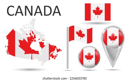 CANADA. Flag, map pointer, button, waving flag, symbol, flat icon and map of Canada in the colors of the national flag. Vector illustration of collection of national symbols on various objects.EPS 10