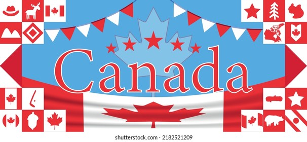 Kanada Flagge und Karte Poster. Nationales Tag- oder Unabhängigkeitstag-Design für Kanada. Kanadatag-Feier. Modernes Retro-Design mit abstrakten Symbolen