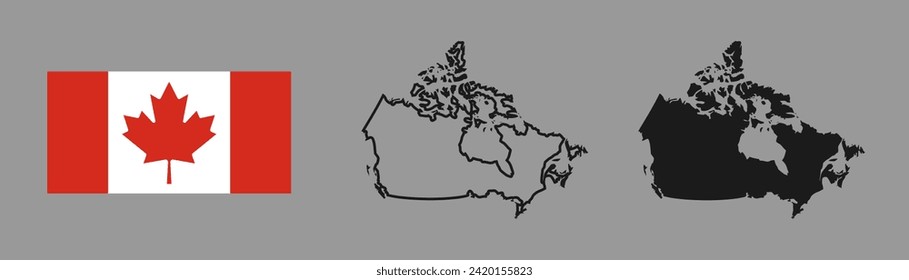 Canada flag and map silhouette linear and black illustration. Vector