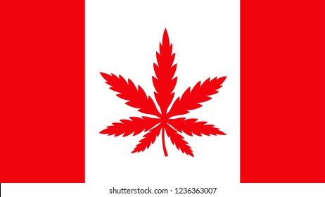 Canada flag with marijuana weed leaf. Vector flat illustration icon design, Canada medical cannabis, weed, marijuana concept