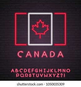 Canada Flag Neon Light Glowing Vector Illustration Bright with Alphabet Set Red Colour Bright