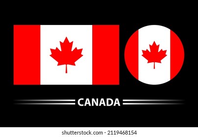 Canada flag, official isolated on black background.  rectangle, circle shape red, white. The middle has a large red 11-pointed apex maple leaf. National Canada flag. Vector illustration. EPS10. 
