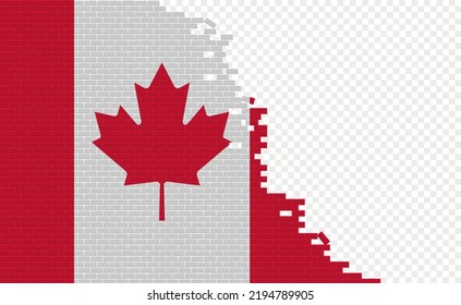 Canada flag on broken brick wall. Empty flag field of another country. Country comparison. Easy editing and vector in groups.