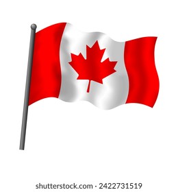 Canada flag on flagpole waving in wind. Canadiian flag with maple leaf emblem vector isolated object illustration.