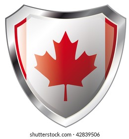 canada flag on metal shiny shield vector illustration. Collection of flags on shield against white background. Abstract isolated object.