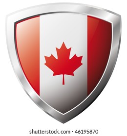 Canada flag on metal shiny shield vector illustration. Collection of flags on shield against white background. Abstract isolated object.