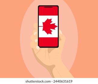 Canada flag on mobile phone screen, holding smartphone, advertising social media or banner concept, Canada flag showing on phone screen, technology news idea