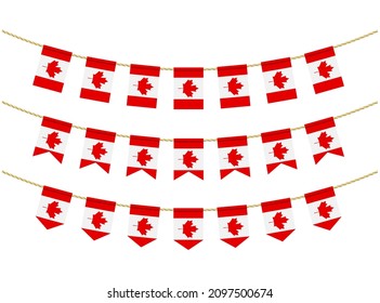 Bandera de Canadá sobre las cuerdas de fondo blanco. Juego de banderas Patrióticas. Decoración de Bungalows de la bandera de Canadá