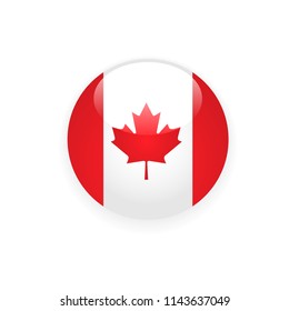 Canada flag round button with maple leaf on white background