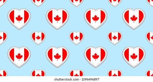 Canada flag seamless pattern. Vector Canadian, flags stickers. Love hearts symbols. Background for sports pages, travel, school, geographic, cartographic elements. patriotic design