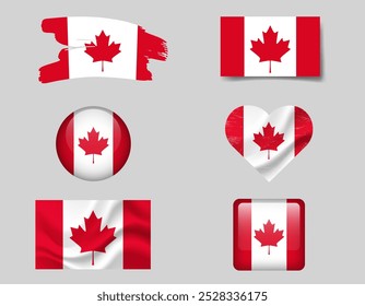 Conjunto de ícones da bandeira do Canadá. Bandeira do Canadá, símbolo. Conjunto de bandeiras canadenses botão, escova, acenado, coração.