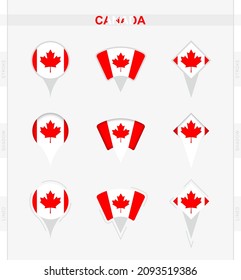 Bandera de Canadá, conjunto de iconos del pin de ubicación de la bandera de Canadá. Ilustración vectorial de los símbolos nacionales.