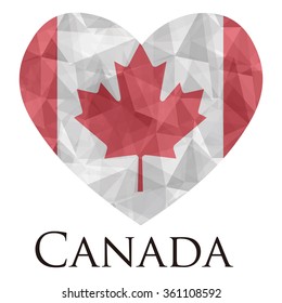 Canada flag shape heart in geometric rumpled triangular low poly origami style graphic illustration,mosaic polygonal style.Symbol of love to country.Retro or vintage style background.