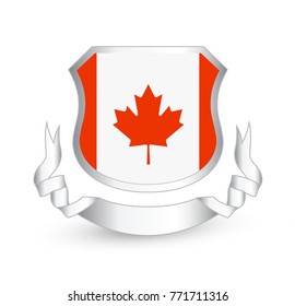 Canada flag in shield and ribbon. Vector illustration.