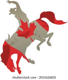 Canada Flag And The Silhouette Of An Authentic Western Cowboy On Horseback. Man Riding Bucking Bronco In Rodeo Wild West
